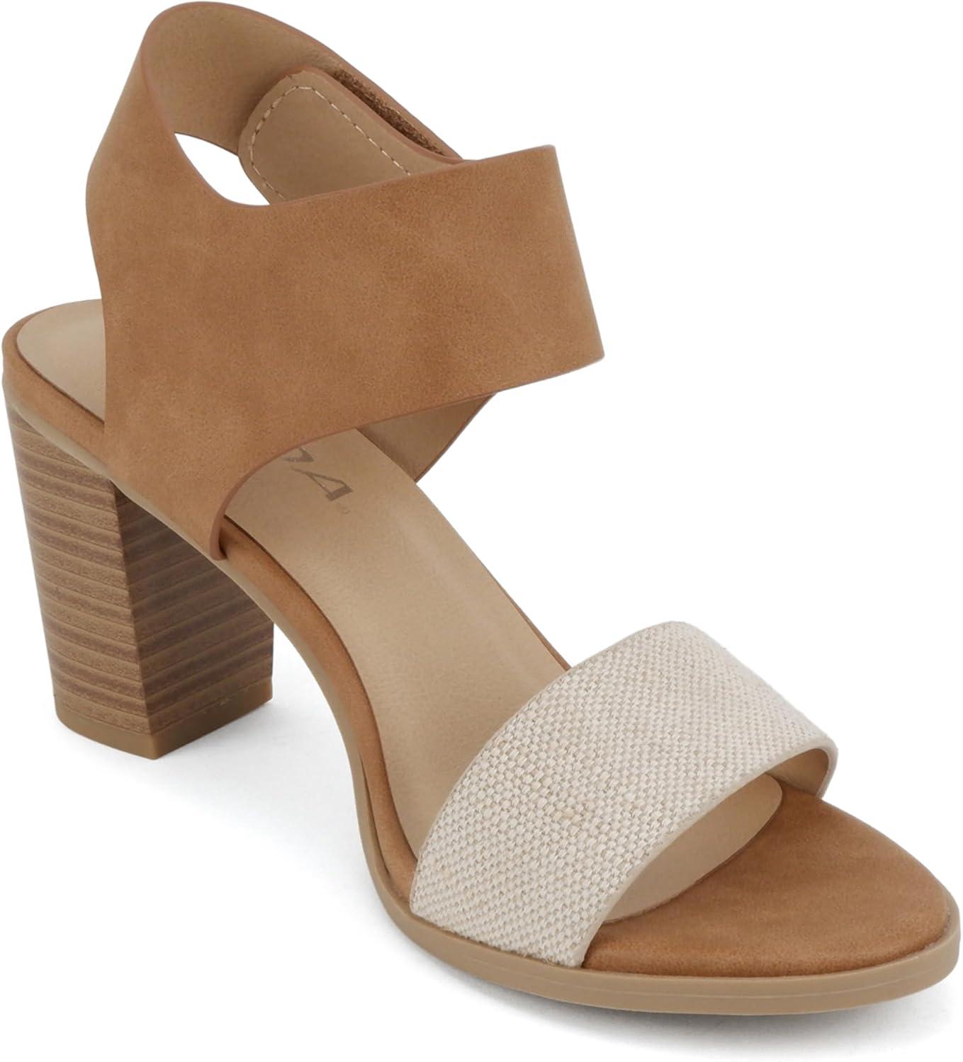 imageSoda WaitA  Women Open Round Toe Chunky Heel Ankle Strap High Heel Dress SandalsBeige CanvasTan