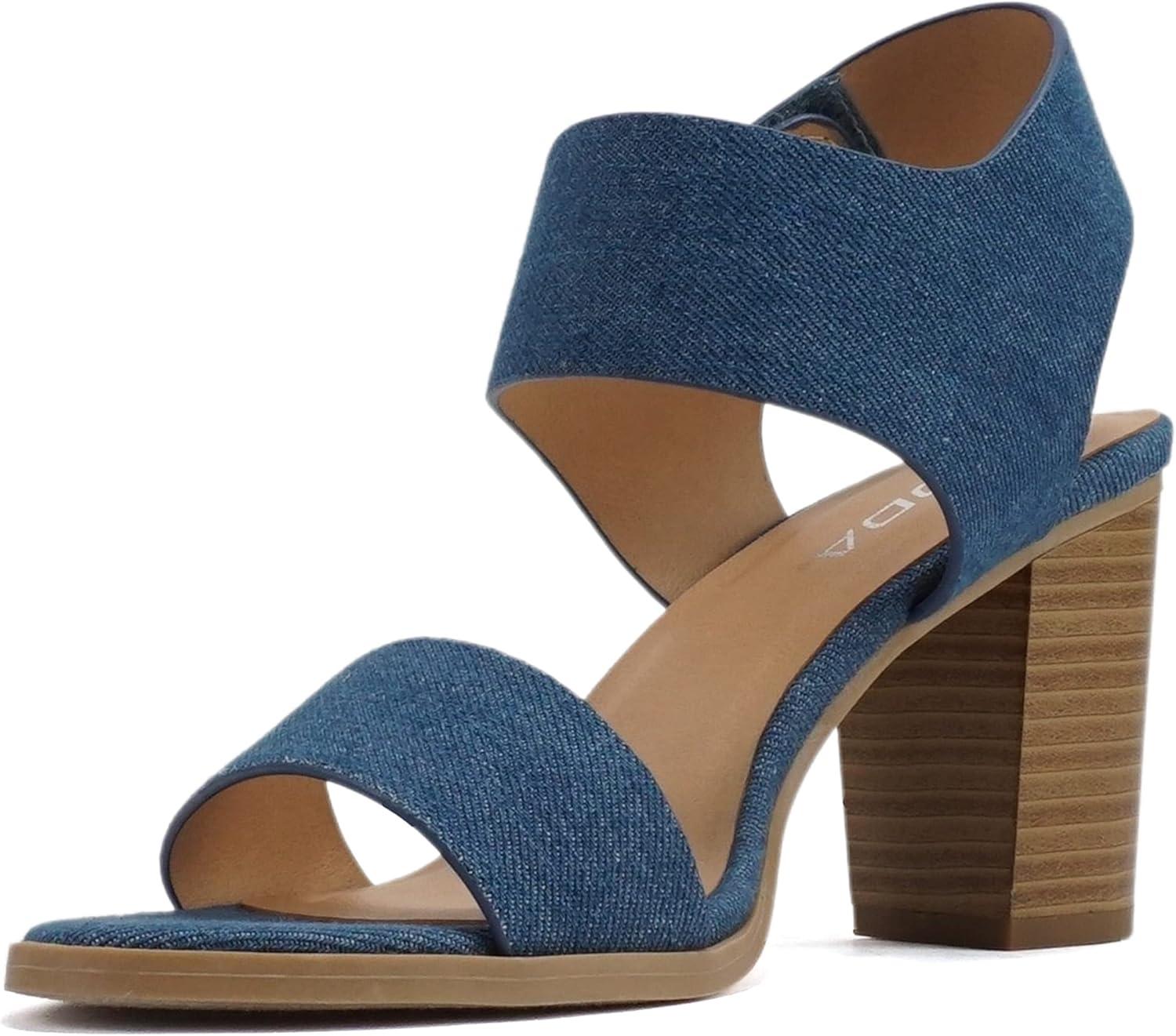 imageSoda WaitA  Women Open Round Toe Chunky Heel Ankle Strap High Heel Dress SandalsDenim Midblue