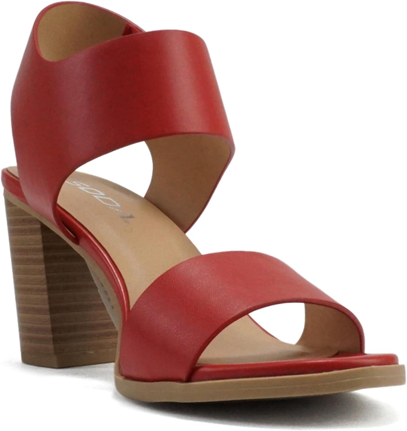 imageSoda WaitA  Women Open Round Toe Chunky Heel Ankle Strap High Heel Dress SandalsRed Pu