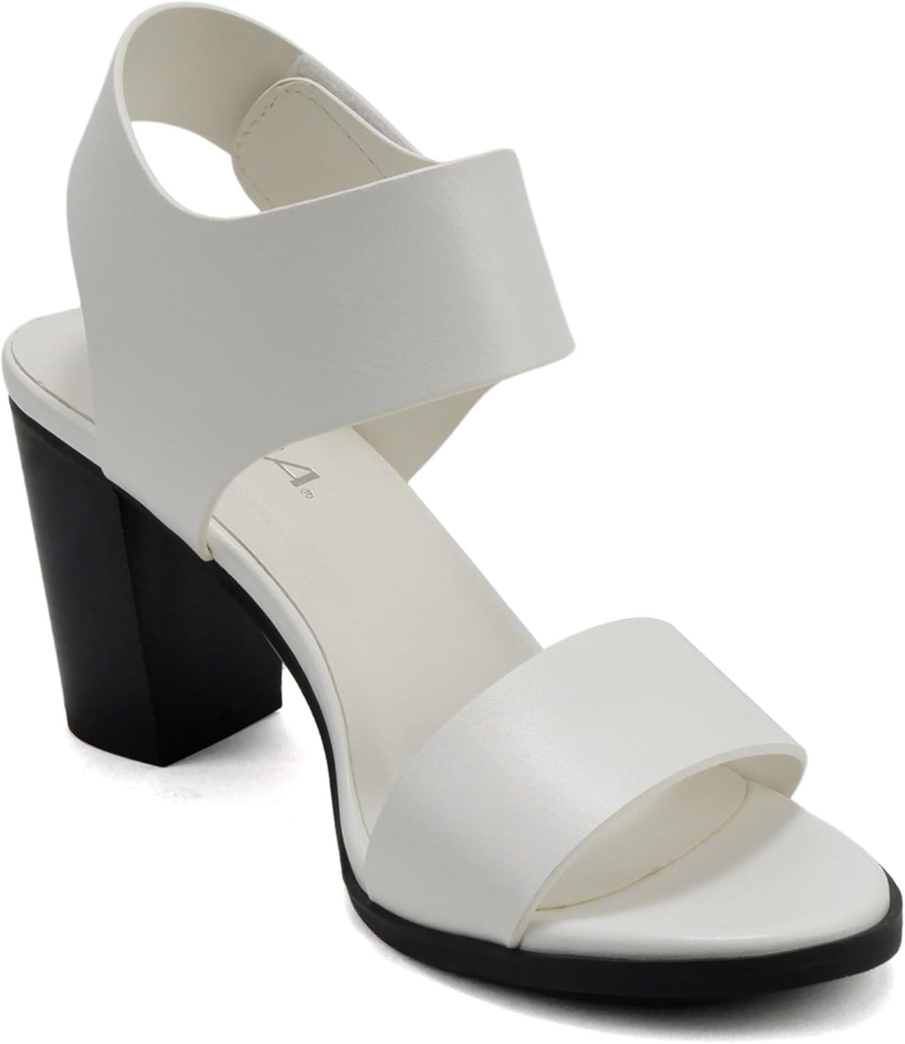 imageSoda WaitA  Women Open Round Toe Chunky Heel Ankle Strap High Heel Dress SandalsWhiteBlack Pu