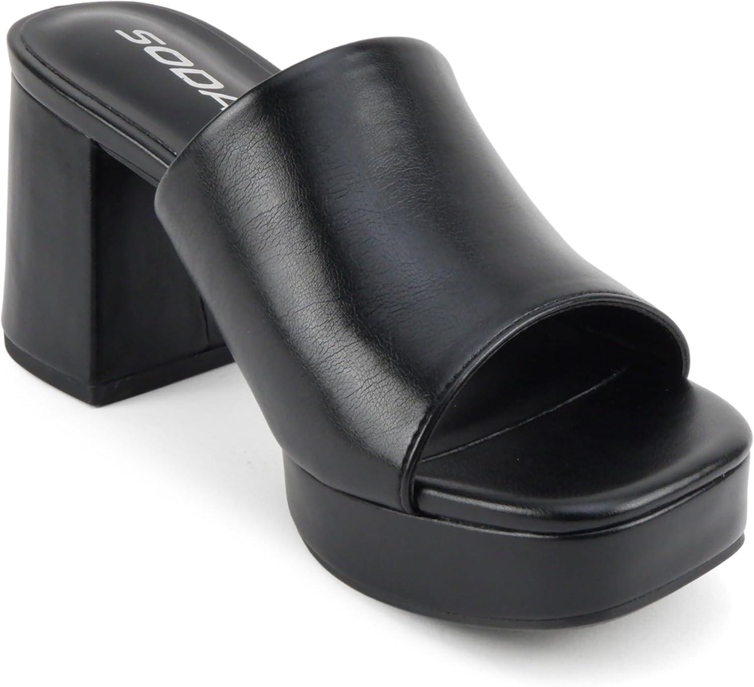 imageSoda Zafer  Women Square Toe Single Band Upper Medium Heel Platform Slide SandalBlack Pu