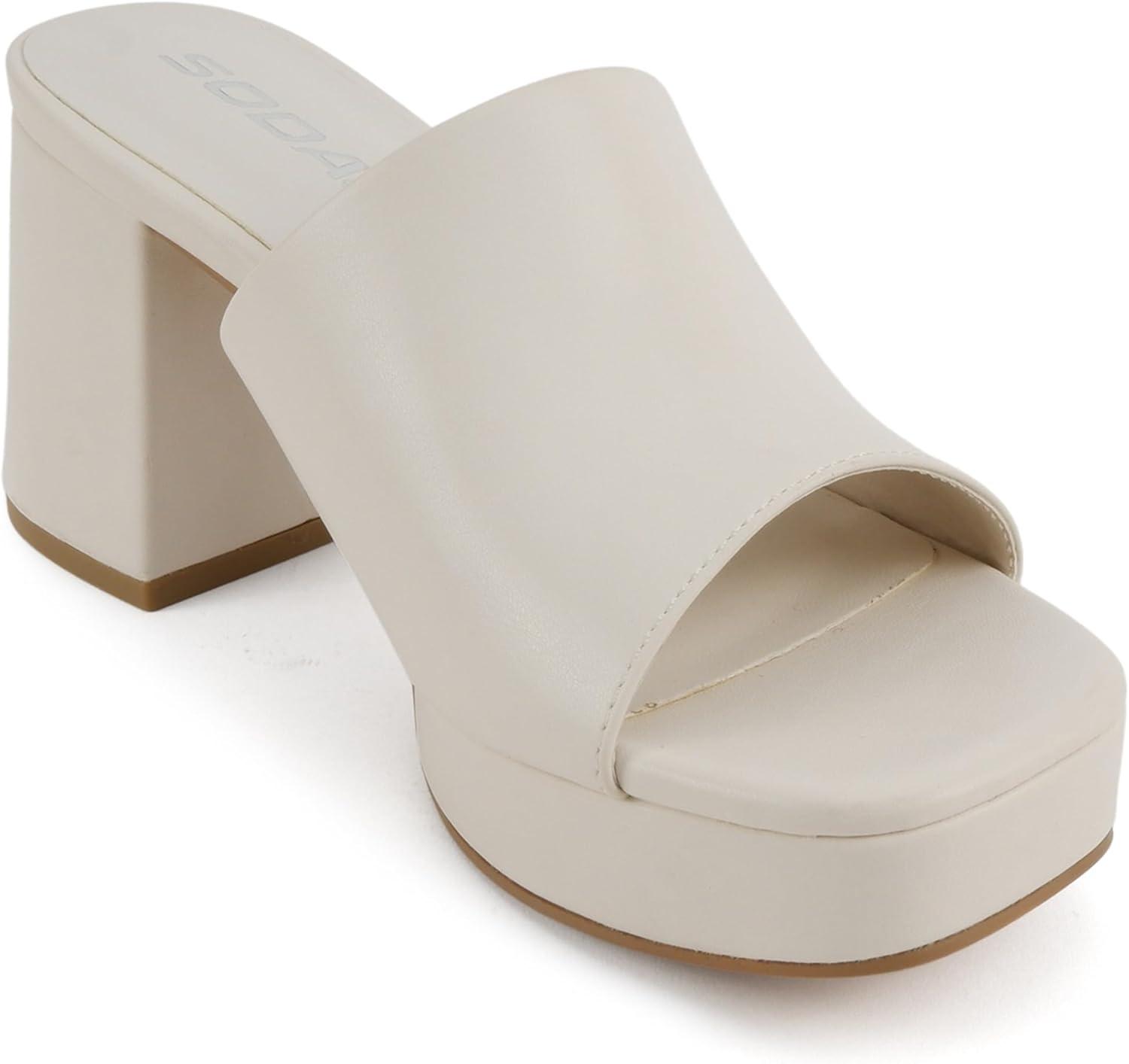 imageSoda Zafer  Women Square Toe Single Band Upper Medium Heel Platform Slide SandalBone Pu