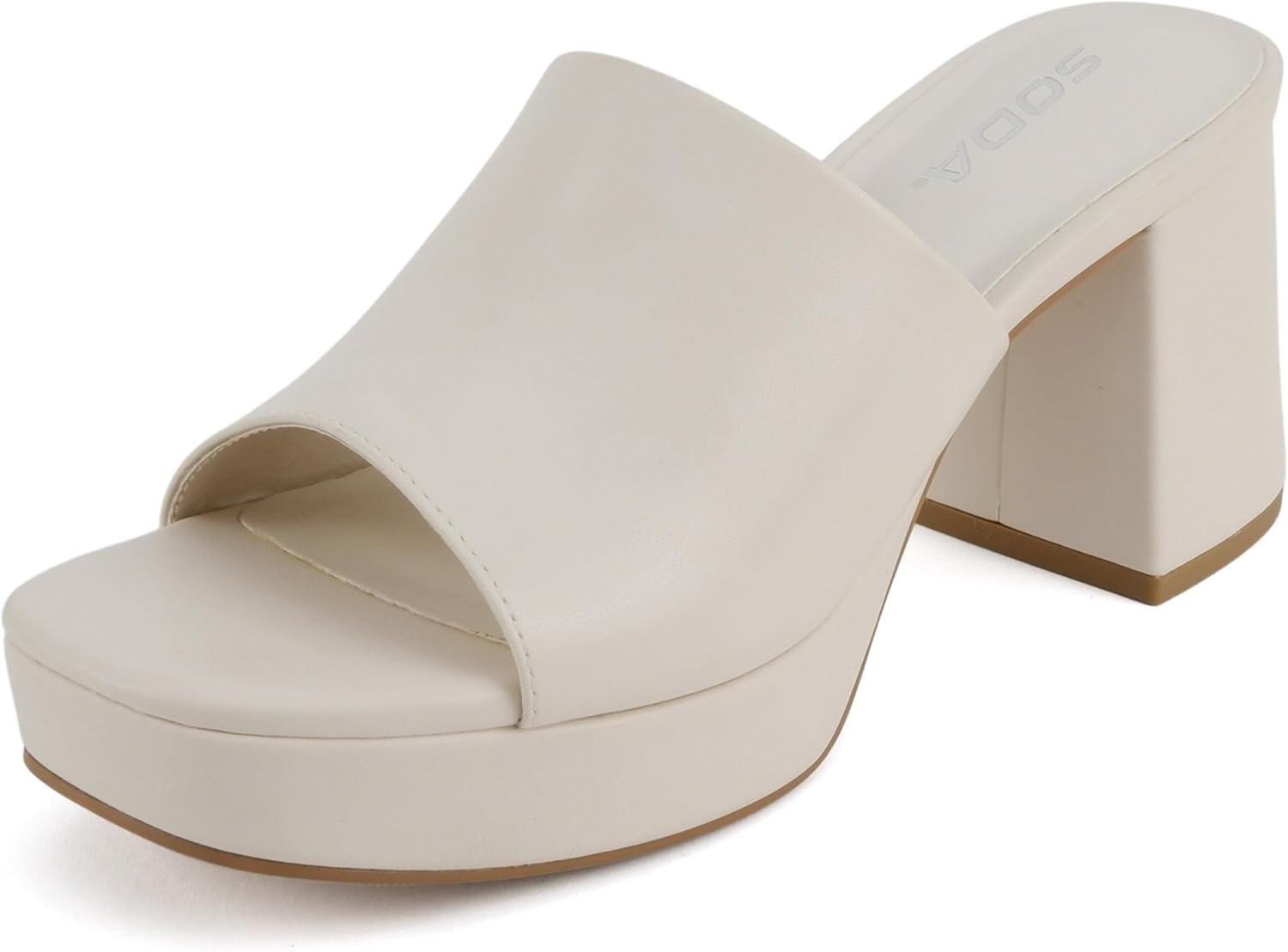 imageSoda Zafer  Women Square Toe Single Band Upper Medium Heel Platform Slide SandalBone Pu