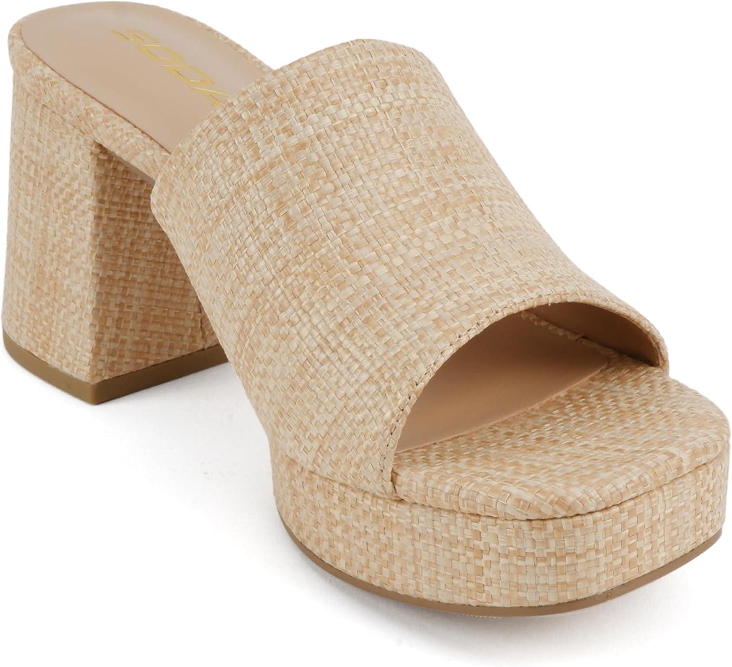imageSoda Zafer  Women Square Toe Single Band Upper Medium Heel Platform Slide SandalNatural Raffia