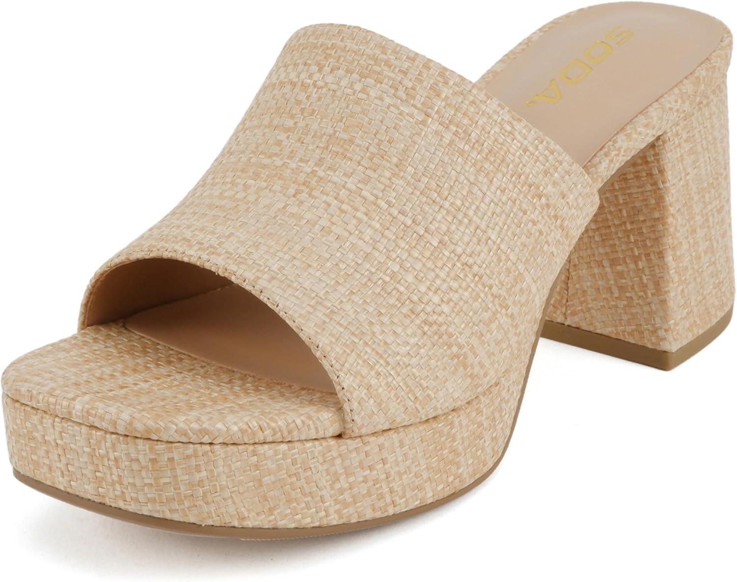 imageSoda Zafer  Women Square Toe Single Band Upper Medium Heel Platform Slide SandalNatural Raffia