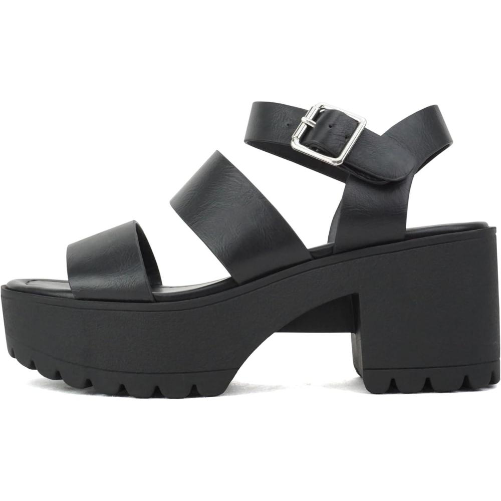 imageSoda ACCOUNT  Women Open Toe Two Bands Lug sole Fashion Block Heel Sandals with Adjustable Ankle StrapBlack