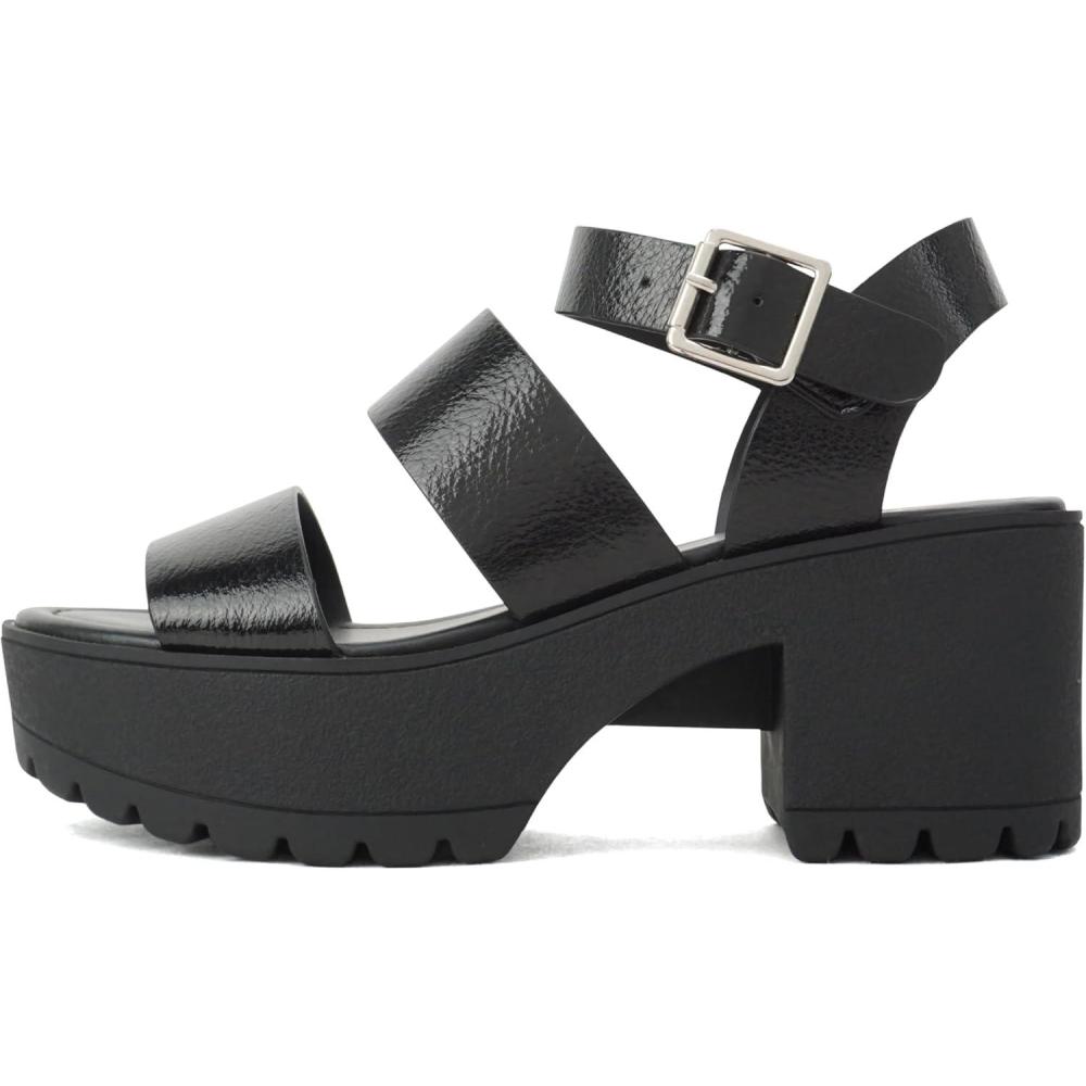 imageSoda ACCOUNT  Women Open Toe Two Bands Lug sole Fashion Block Heel Sandals with Adjustable Ankle StrapBlack Metallic