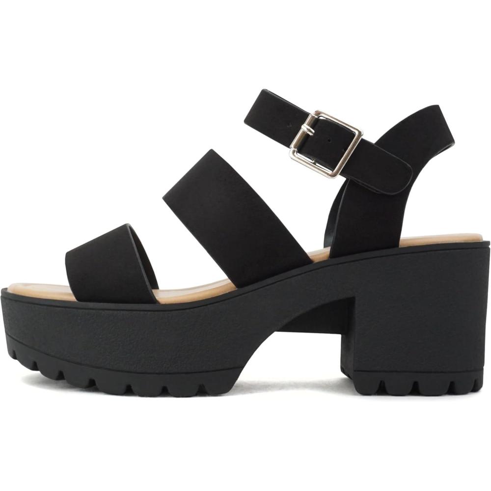 imageSoda ACCOUNT  Women Open Toe Two Bands Lug sole Fashion Block Heel Sandals with Adjustable Ankle StrapBlack Suede