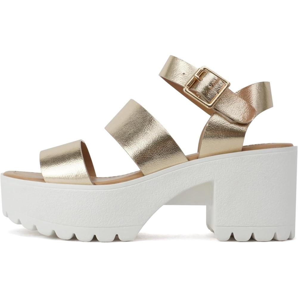 imageSoda ACCOUNT  Women Open Toe Two Bands Lug sole Fashion Block Heel Sandals with Adjustable Ankle StrapGold Metallic