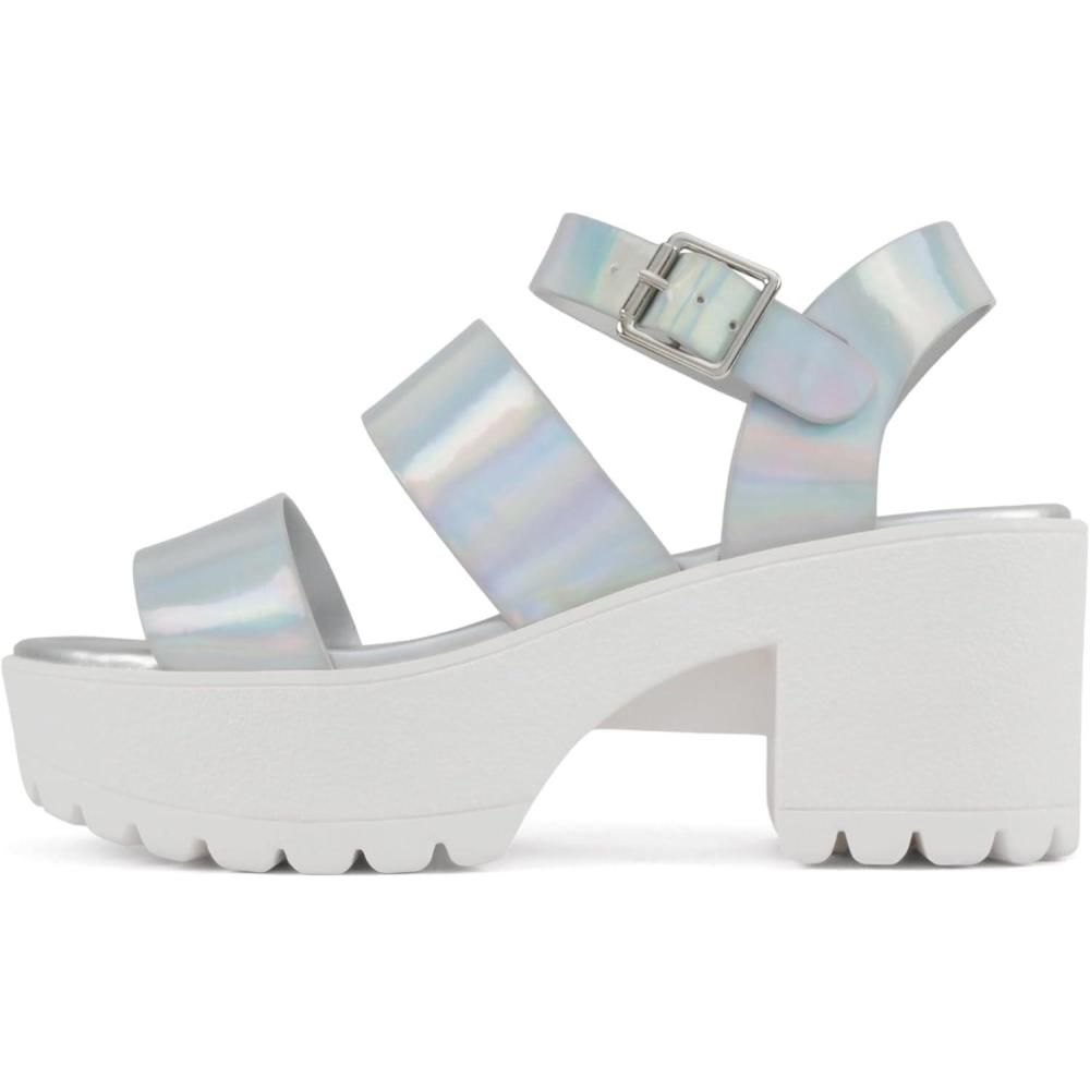 imageSoda ACCOUNT  Women Open Toe Two Bands Lug sole Fashion Block Heel Sandals with Adjustable Ankle StrapIridescent Pu