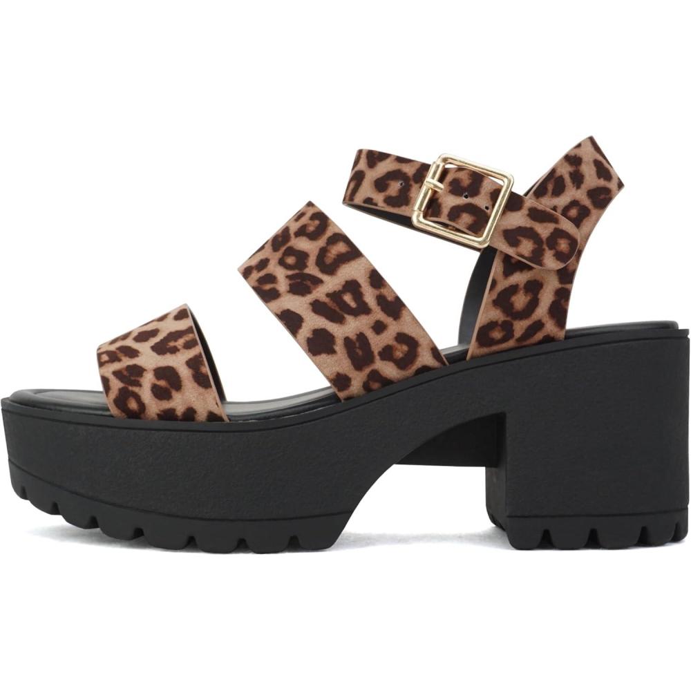 imageSoda ACCOUNT  Women Open Toe Two Bands Lug sole Fashion Block Heel Sandals with Adjustable Ankle StrapLeopard