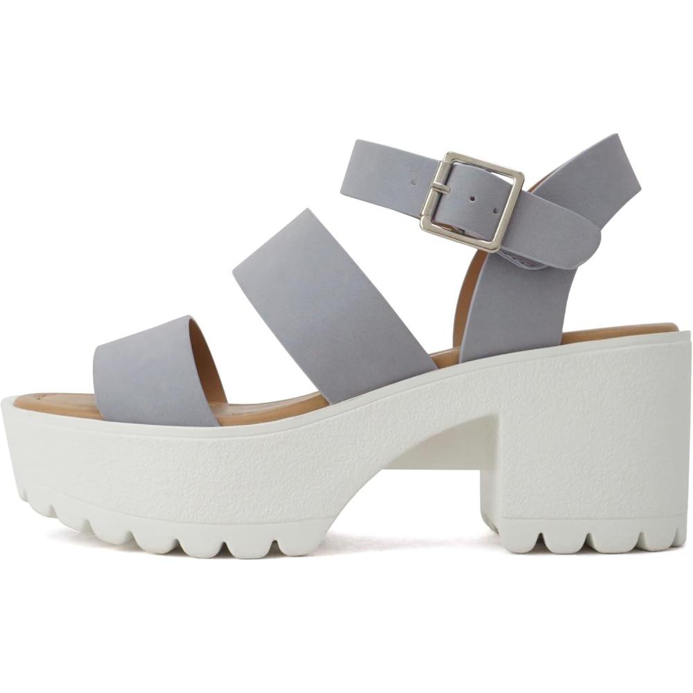 imageSoda ACCOUNT  Women Open Toe Two Bands Lug sole Fashion Block Heel Sandals with Adjustable Ankle StrapLight Blue Nubuck