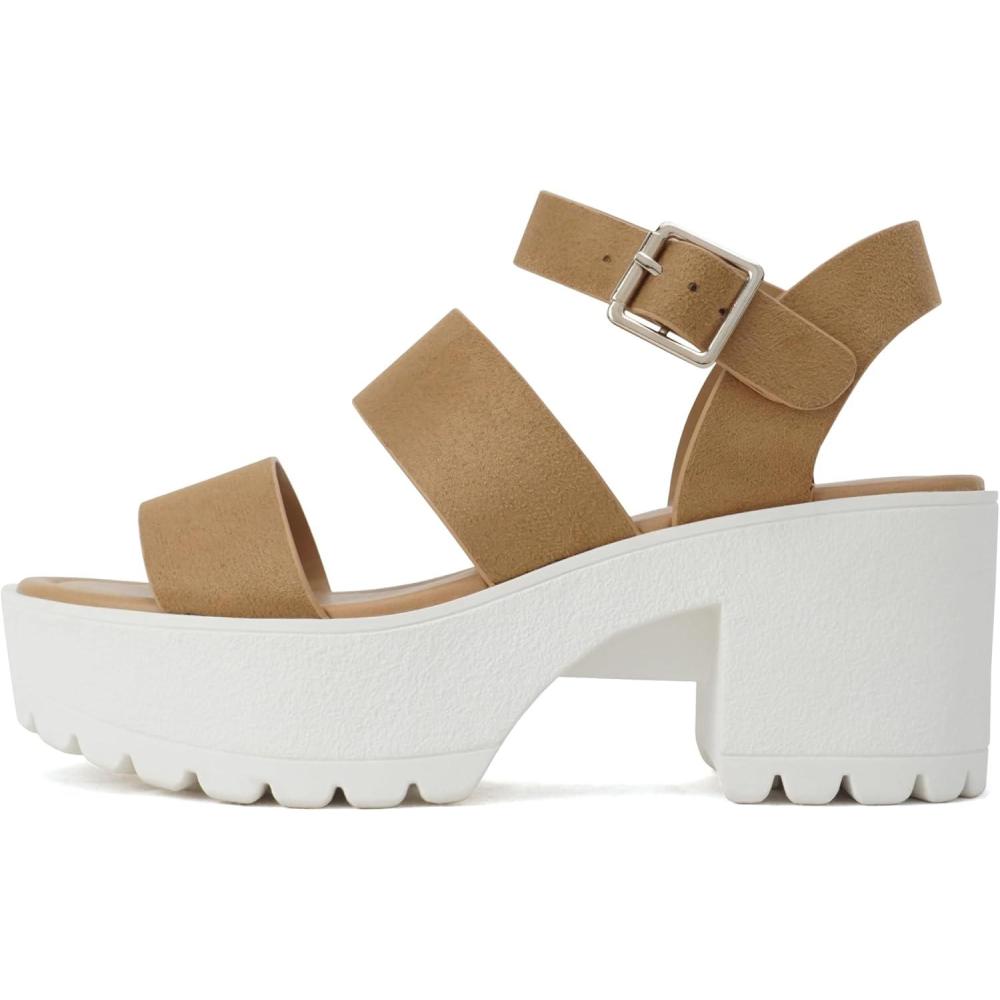 imageSoda ACCOUNT  Women Open Toe Two Bands Lug sole Fashion Block Heel Sandals with Adjustable Ankle StrapNatural Suede