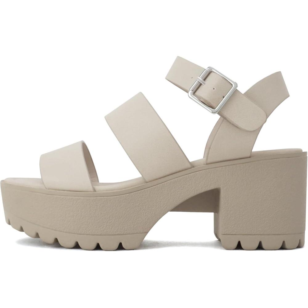 imageSoda ACCOUNT  Women Open Toe Two Bands Lug sole Fashion Block Heel Sandals with Adjustable Ankle StrapNude