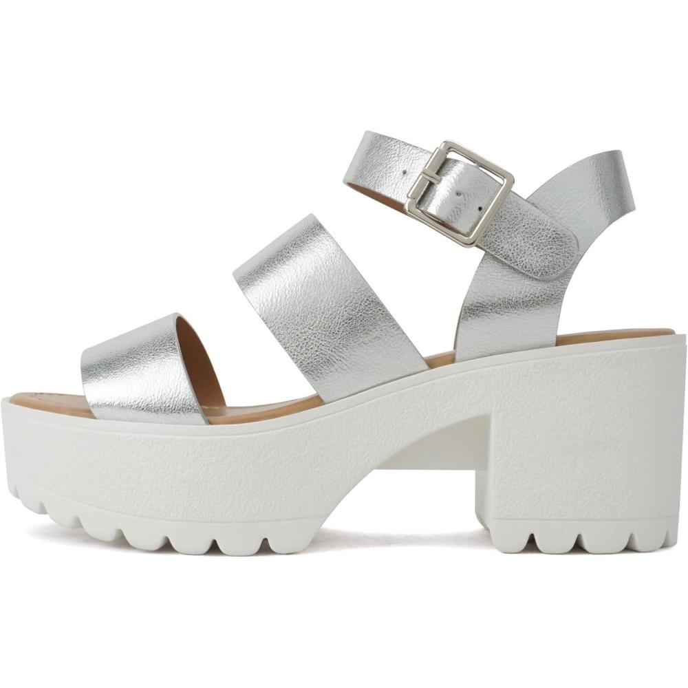imageSoda ACCOUNT  Women Open Toe Two Bands Lug sole Fashion Block Heel Sandals with Adjustable Ankle StrapSilver Metallic