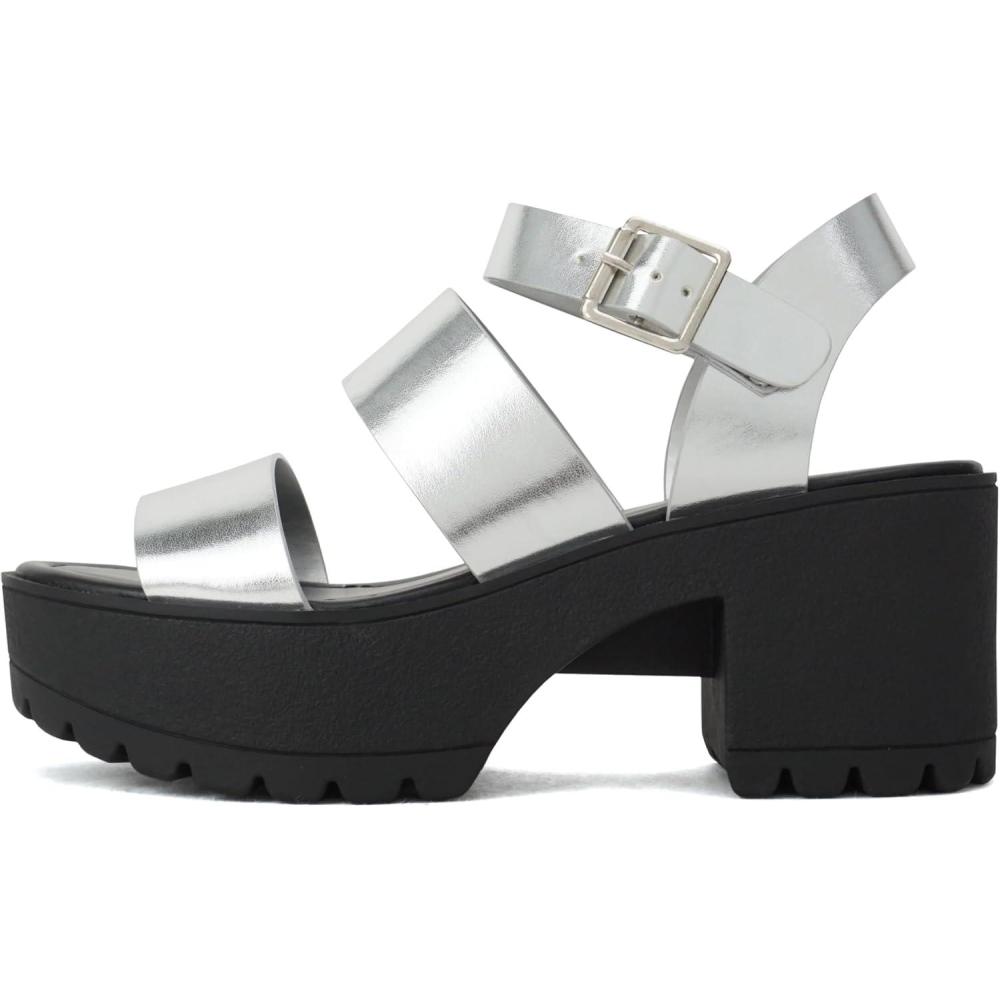 imageSoda ACCOUNT  Women Open Toe Two Bands Lug sole Fashion Block Heel Sandals with Adjustable Ankle StrapSilverBlack Metallic