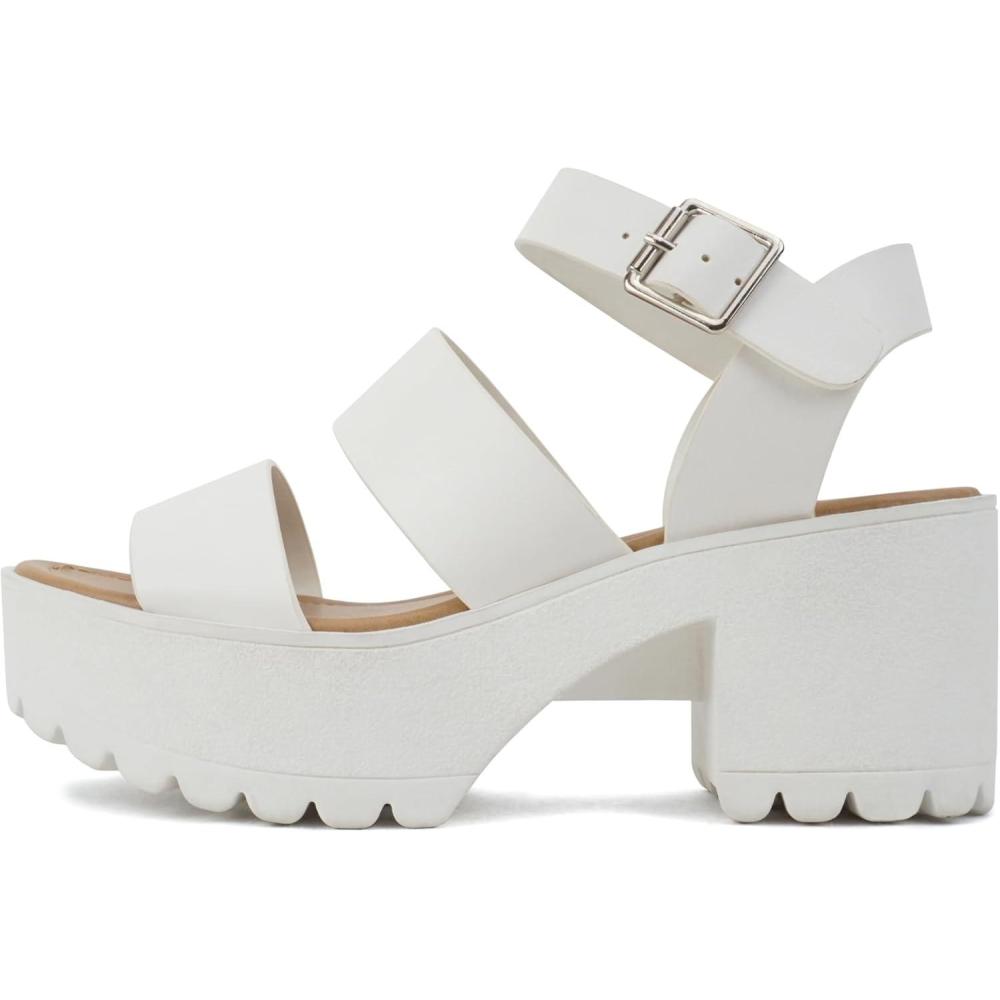 imageSoda ACCOUNT  Women Open Toe Two Bands Lug sole Fashion Block Heel Sandals with Adjustable Ankle StrapWhite