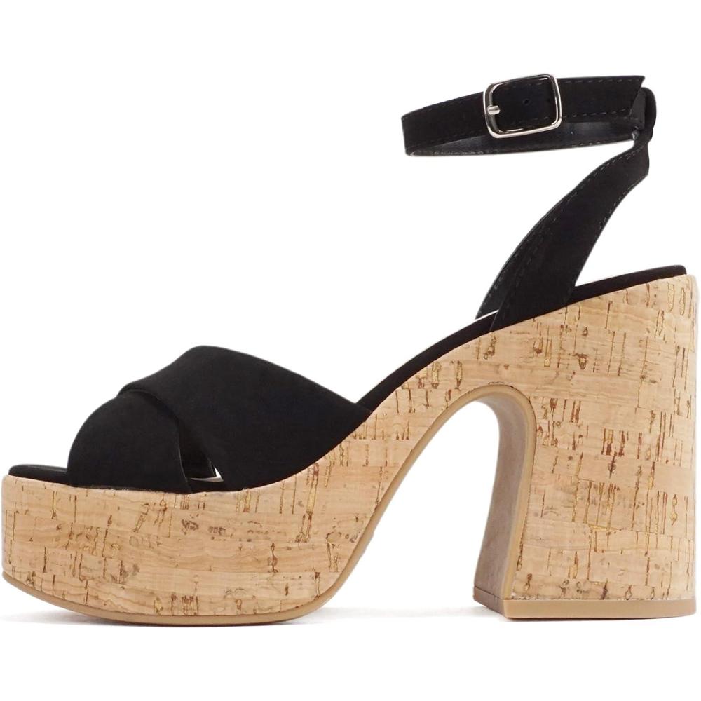 imageSoda FUNKIE  Women Open Square Toe Crisscross Band Ankle Strap Chunky High Heel Notch Wedge SandalBlack Nubuck