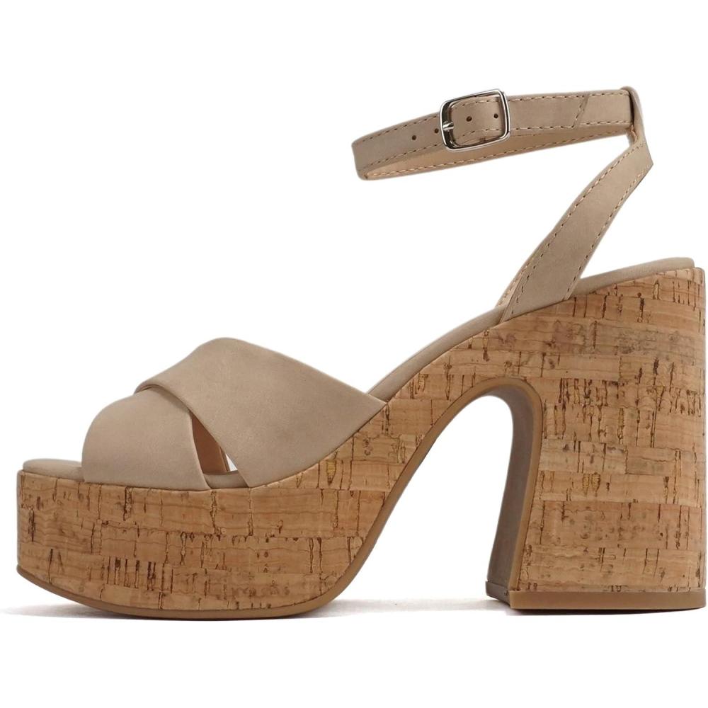 imageSoda FUNKIE  Women Open Square Toe Crisscross Band Ankle Strap Chunky High Heel Notch Wedge SandalBlond Nubuck