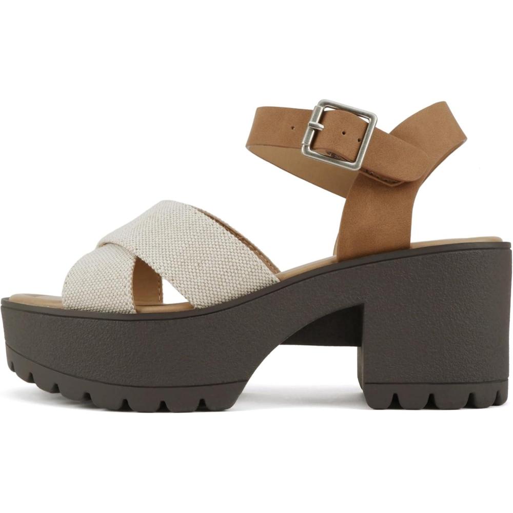 imageSoda Joey  Women Open Toe Criss Cross Strap Mid Heel Sandal with Adjustable Ankle StrapBeige CanvasTan