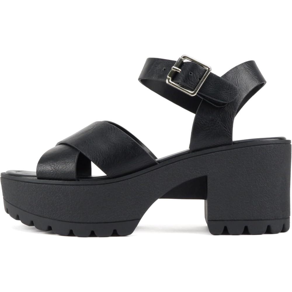 imageSoda Joey  Women Open Toe Criss Cross Strap Mid Heel Sandal with Adjustable Ankle StrapBlack Pu