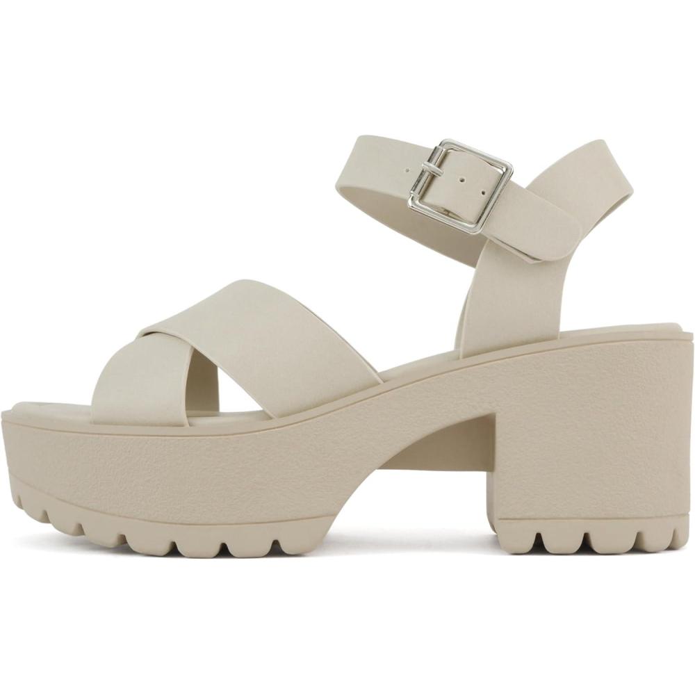 imageSoda Joey  Women Open Toe Criss Cross Strap Mid Heel Sandal with Adjustable Ankle StrapDk Nude Pu