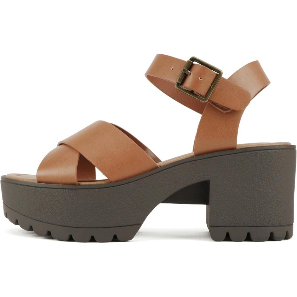 imageSoda Joey  Women Open Toe Criss Cross Strap Mid Heel Sandal with Adjustable Ankle StrapTan Pu