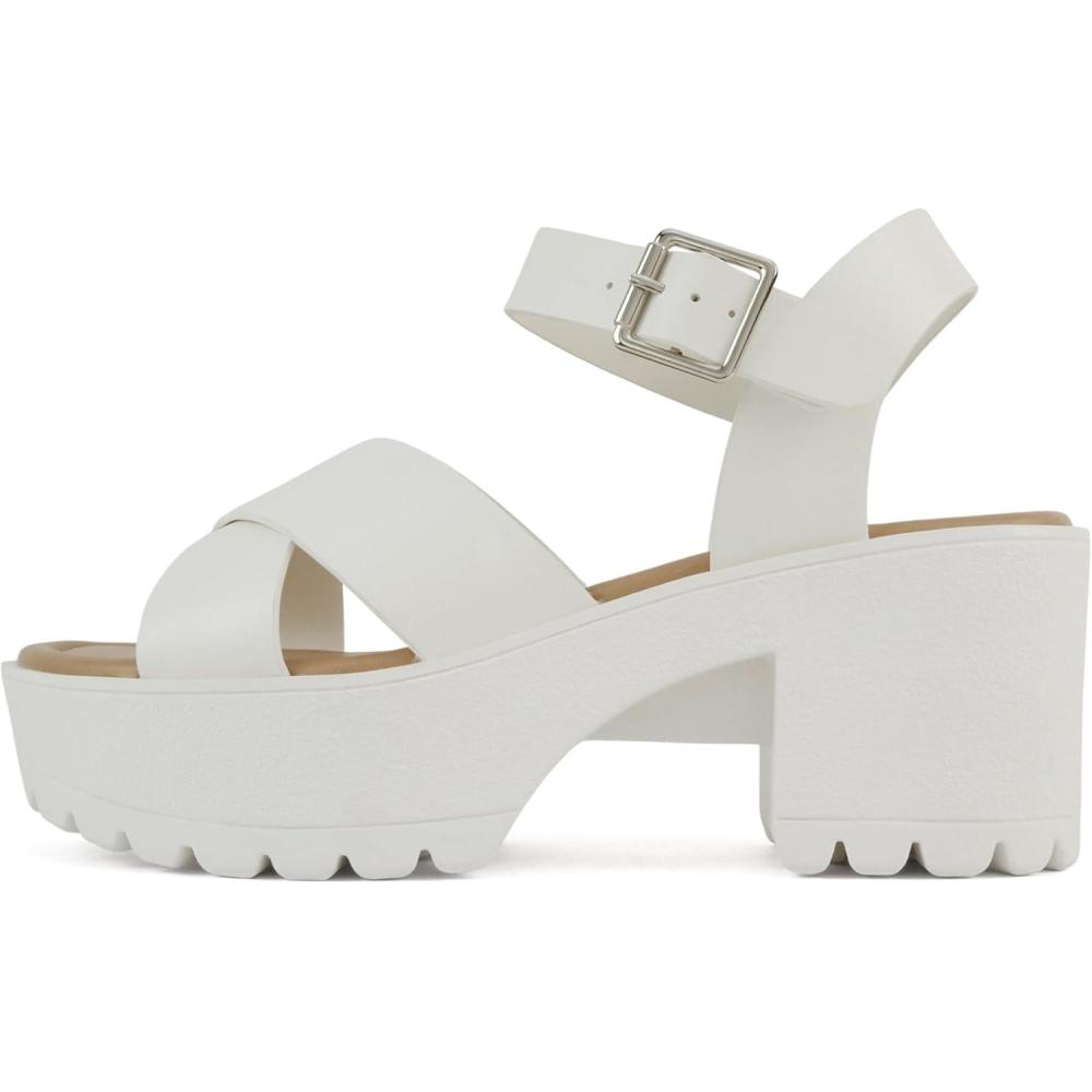 imageSoda Joey  Women Open Toe Criss Cross Strap Mid Heel Sandal with Adjustable Ankle StrapWhite Pu