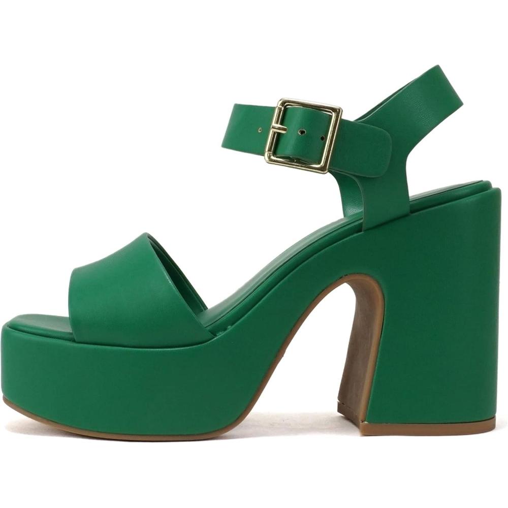 imageSoda Launch  Women Open Toe Ankle Strap Platform Chunky High Heeled SandalEmerald Green Pu