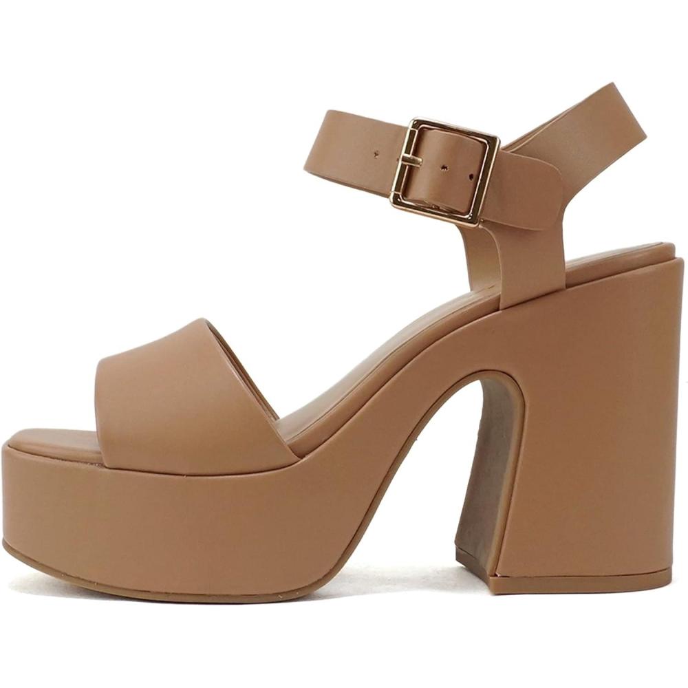 imageSoda Launch  Women Open Toe Ankle Strap Platform Chunky High Heeled SandalNatural Pu