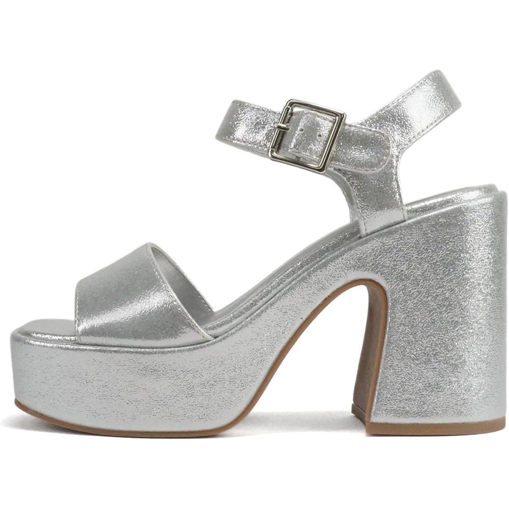 imageSoda Launch  Women Open Toe Ankle Strap Platform Chunky High Heeled SandalSilver Shimmer