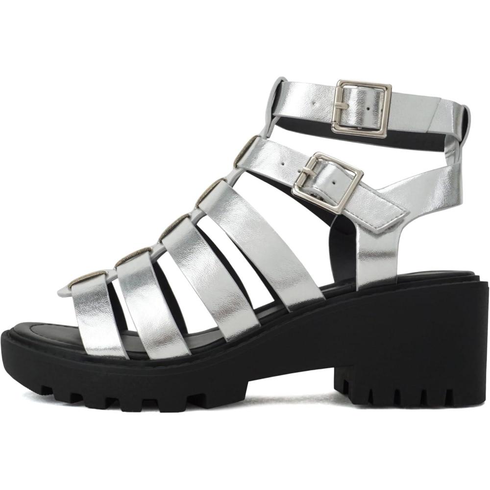 imageSoda Rebirth  Women Open Toe Fisherman Multi Strap Buckle Lug Sole Low Block Heeled SandalsSilver Metallic Pu