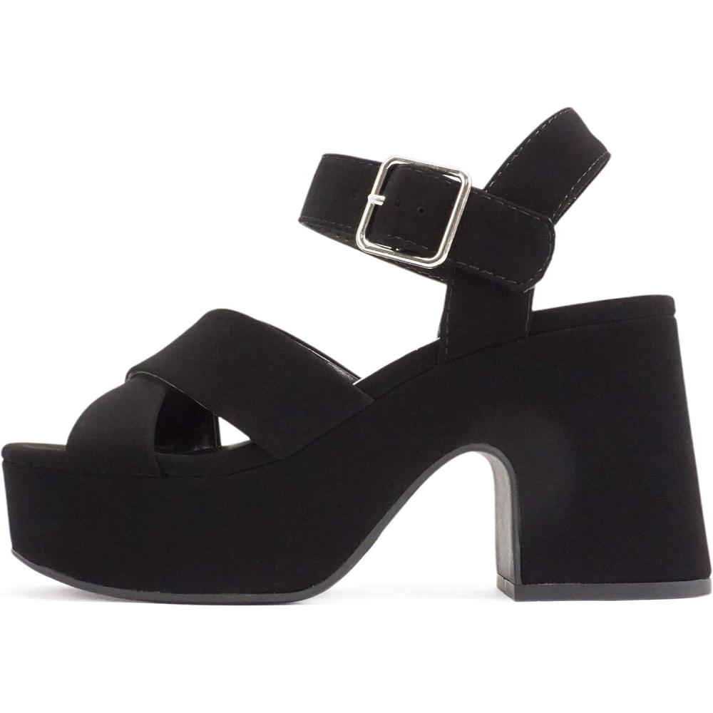 imageSoda SYREN  Women Open Round Toe Crisscross Band Ankle Strap Buckle High Heel Notch Wedge SandalBlack Nubuck