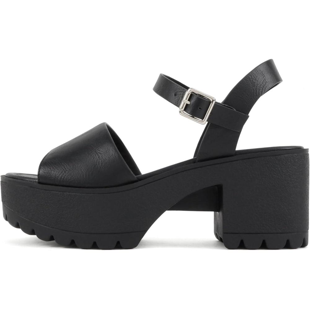 imageSoda Stacie  Women Open Toe Lug Sole Mid Block Heeled Sandals with Adjustable Ankle StrapBlack Pu