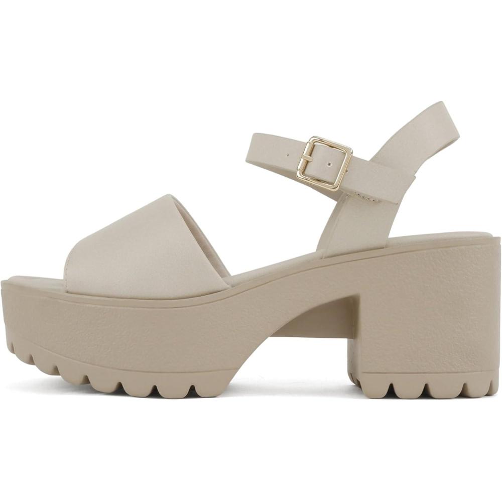 imageSoda Stacie  Women Open Toe Lug Sole Mid Block Heeled Sandals with Adjustable Ankle StrapDark Nude Pu