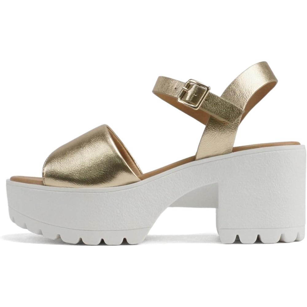 imageSoda Stacie  Women Open Toe Lug Sole Mid Block Heeled Sandals with Adjustable Ankle StrapGold Pu