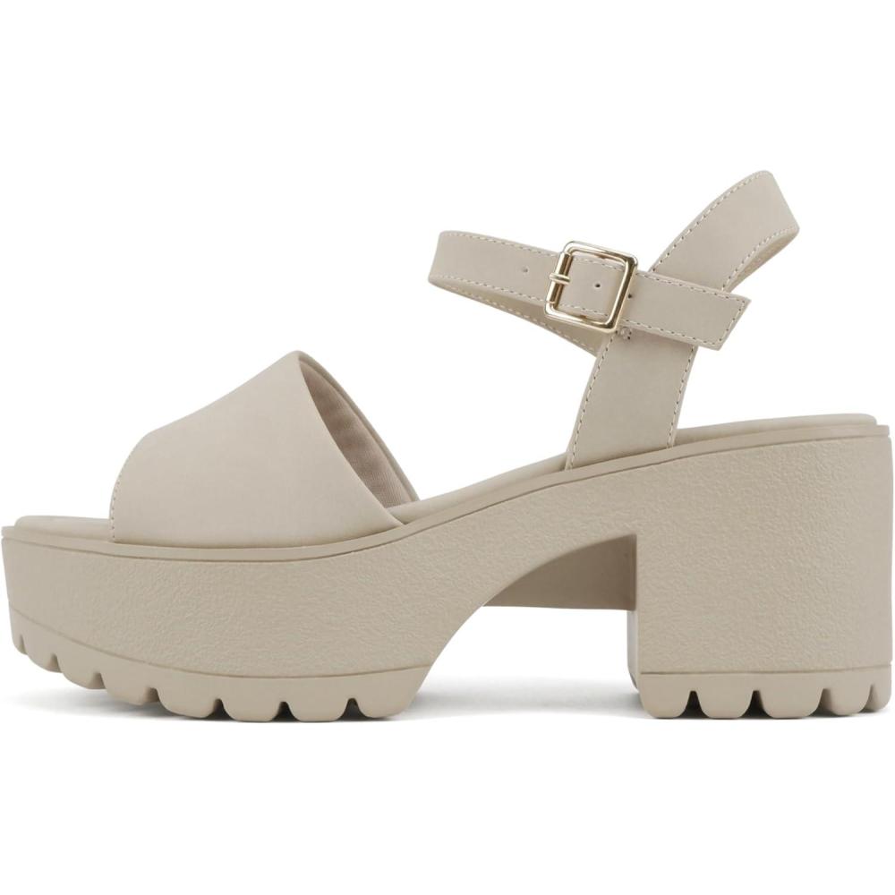 imageSoda Stacie  Women Open Toe Lug Sole Mid Block Heeled Sandals with Adjustable Ankle StrapSand Nubuck