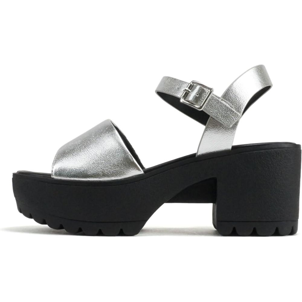 imageSoda Stacie  Women Open Toe Lug Sole Mid Block Heeled Sandals with Adjustable Ankle StrapSilver Pu