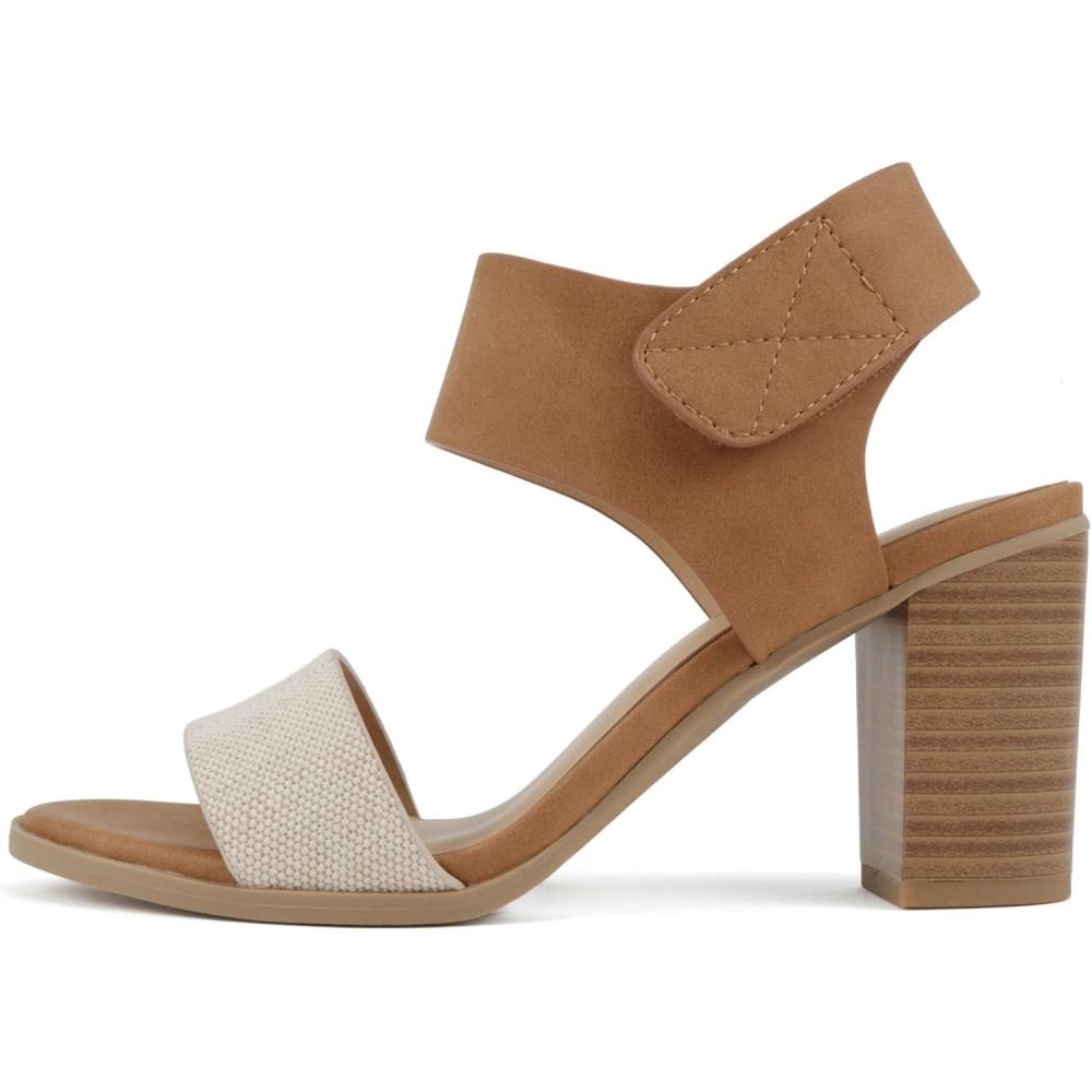 imageSoda WaitA  Women Open Round Toe Chunky Heel Ankle Strap High Heel Dress SandalsBeige CanvasTan