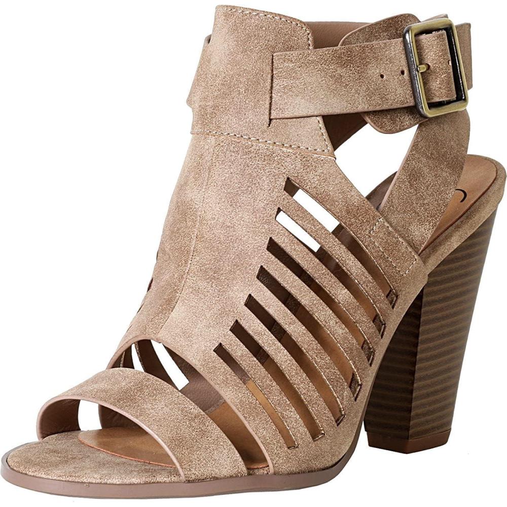 imageSoda Yummy  Gladiator Cutout Stacked Heel Sandal Shoes with Adjustable Ankle BuckleTaupe Pu