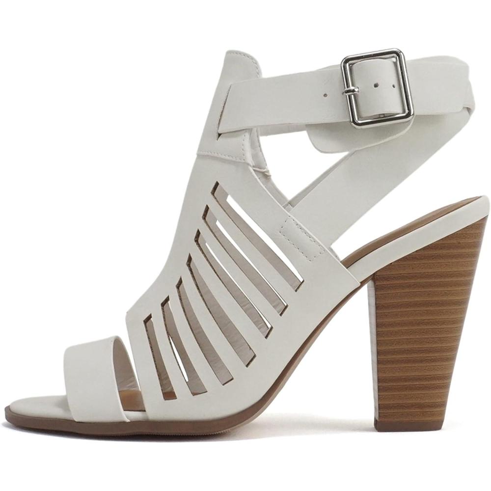 imageSoda Yummy  Gladiator Cutout Stacked Heel Sandal Shoes with Adjustable Ankle BuckleWhite Nubuck