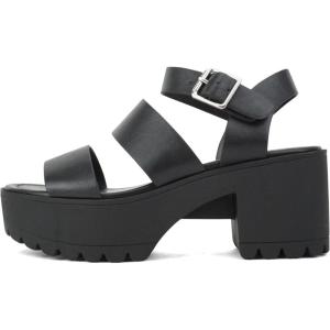 Soda ACCOUNT ~ Women Open Toe Two Bands Lug sole Fashion Block Heel Sandals with Adjustable Ankle Strap(Black)