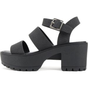 Soda ACCOUNT ~ Women Open Toe Two Bands Lug sole Fashion Block Heel Sandals with Adjustable Ankle Strap(Black Cobra Nubuck)