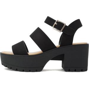 Soda ACCOUNT ~ Women Open Toe Two Bands Lug sole Fashion Block Heel Sandals with Adjustable Ankle Strap(Black Suede)