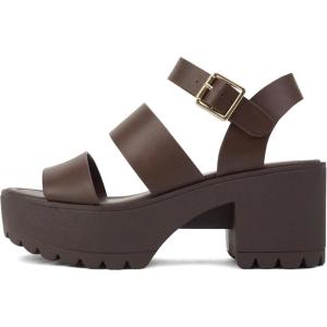Soda ACCOUNT ~ Women Open Toe Two Bands Lug sole Fashion Block Heel Sandals with Adjustable Ankle Strap(Brown Pu)