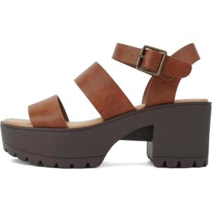 Soda ACCOUNT ~ Women Open Toe Two Bands Lug sole Fashion Block Heel Sandals with Adjustable Ankle Strap(Cognac Pu)