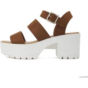 Soda ACCOUNT ~ Women Open Toe Two Bands Lug sole Fashion Block Heel Sandals with Adjustable Ankle Strap(Cognac Suede)