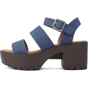 Soda ACCOUNT ~ Women Open Toe Two Bands Lug sole Fashion Block Heel Sandals with Adjustable Ankle Strap(Denim Blue)