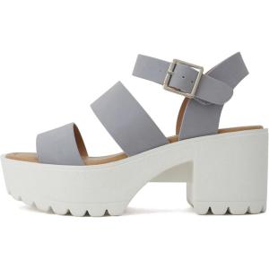 Soda ACCOUNT ~ Women Open Toe Two Bands Lug sole Fashion Block Heel Sandals with Adjustable Ankle Strap(Light Blue Nubuck)