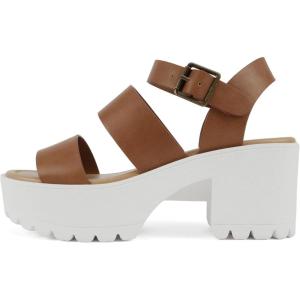 Soda ACCOUNT ~ Women Open Toe Two Bands Lug sole Fashion Block Heel Sandals with Adjustable Ankle Strap(Light Tan Pu)